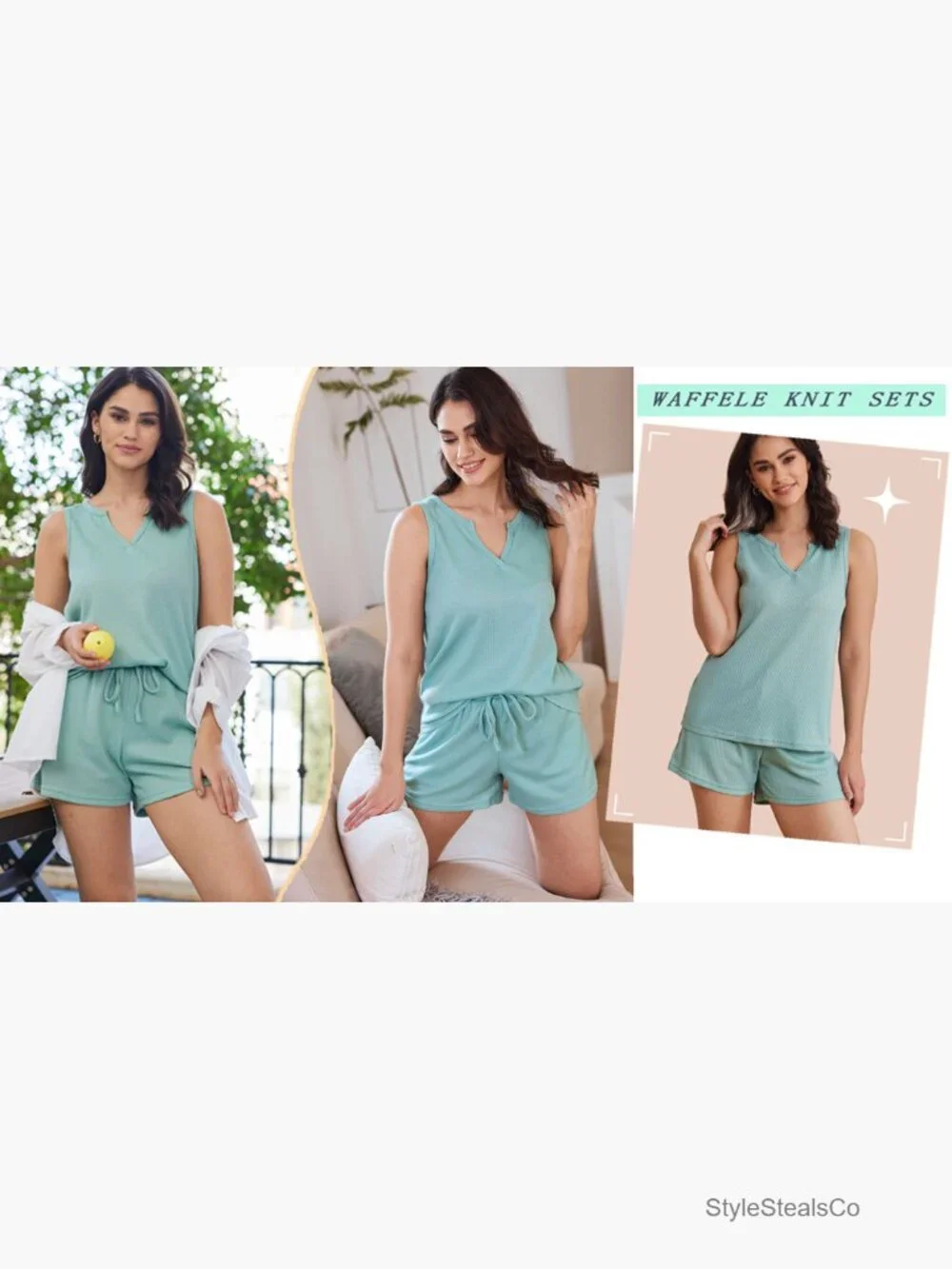 Waffle Knit Tank Top Lounge Short Set with Pockets 2 Piece Matching Outfit